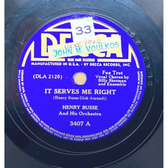 Henry Busse It Serves Me Right 10" Record 78RPM Decca 3407 Nothing But - Picture 1 of 5